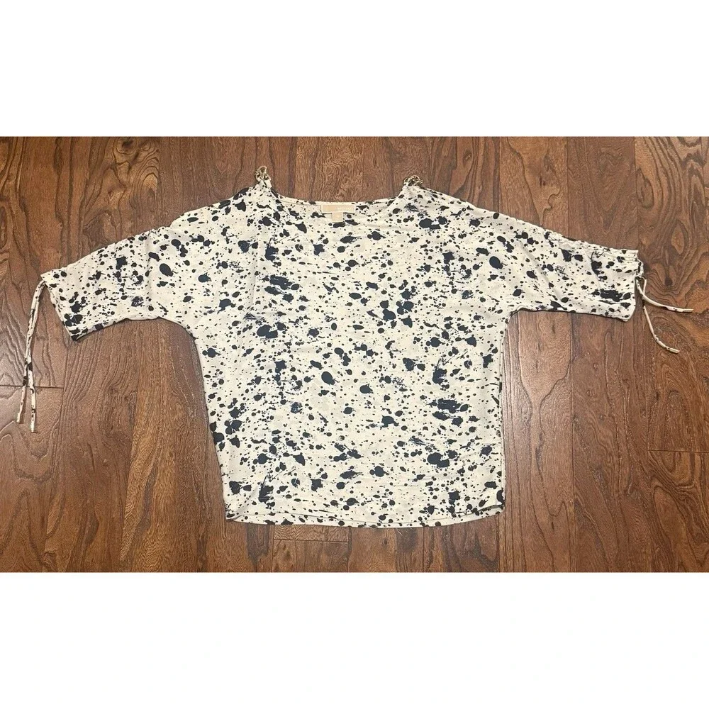 Michael Kors Womens XS White/Black Abstract Print Round Neck 3/4 Sleeve Blouse